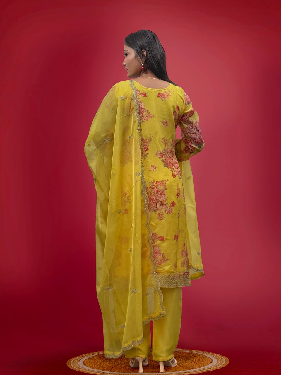 Prazu Fashion Yellow Organza Embroidery Coding Sequin Salwar Suit | Grocsy