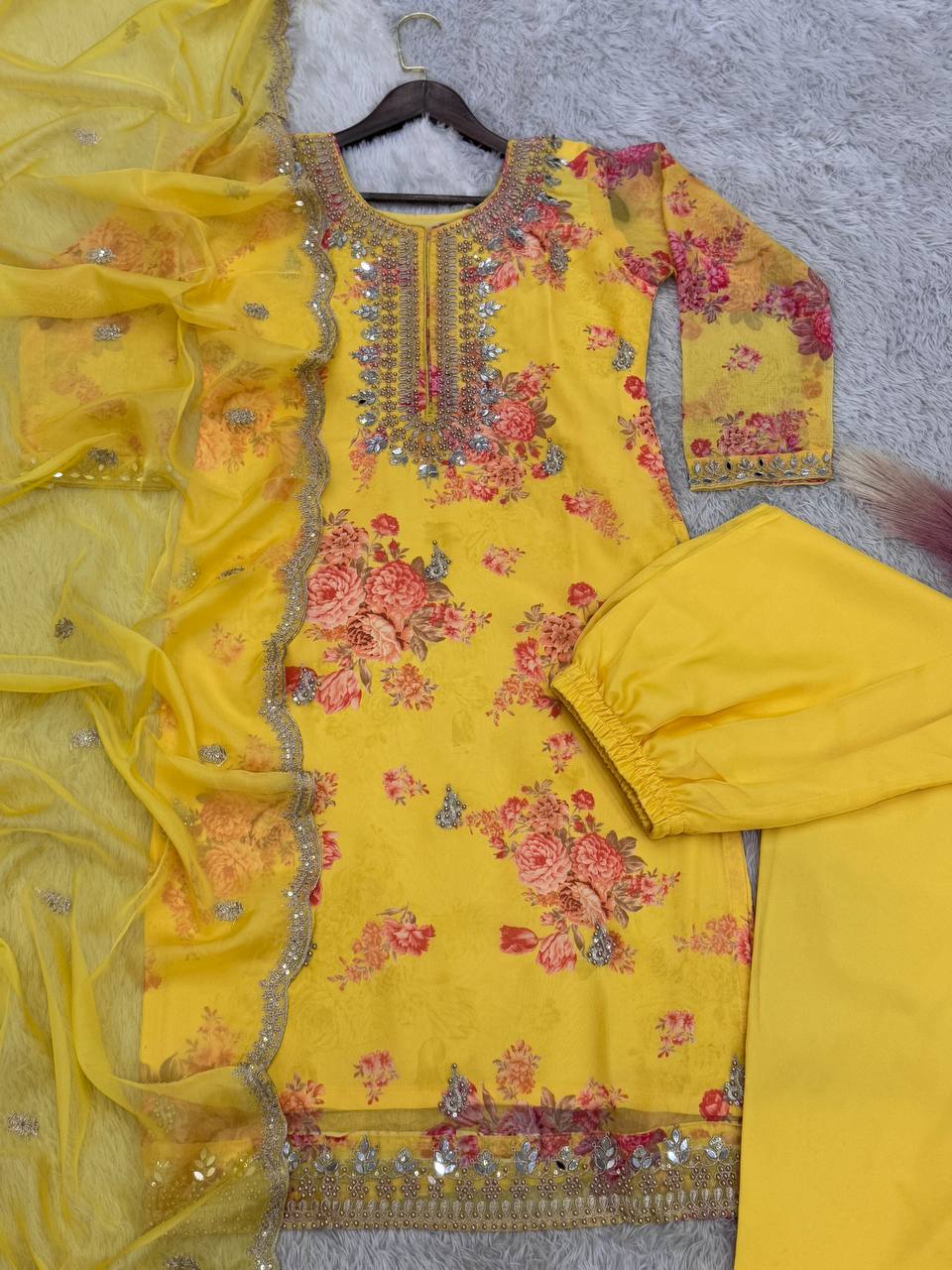 Prazu Fashion Yellow Organza Embroidery Coding Sequin Salwar Suit | Grocsy