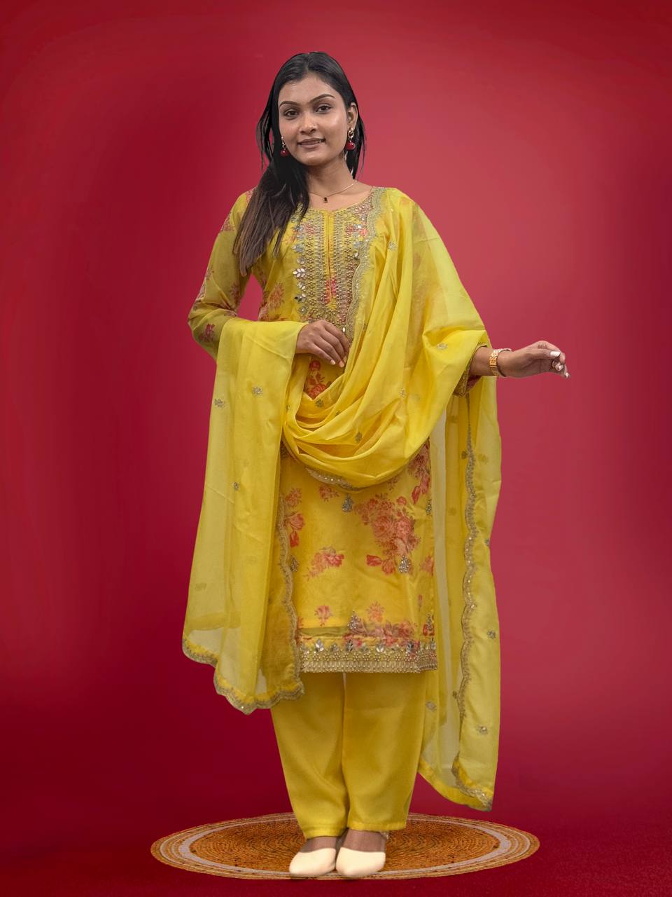 Prazu Fashion Yellow Organza Embroidery Coding Sequin Salwar Suit | Grocsy