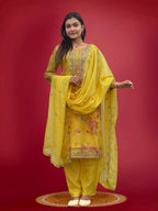 Prazu Fashion Yellow Organza Embroidery Coding Sequin Salwar Suit | Grocsy