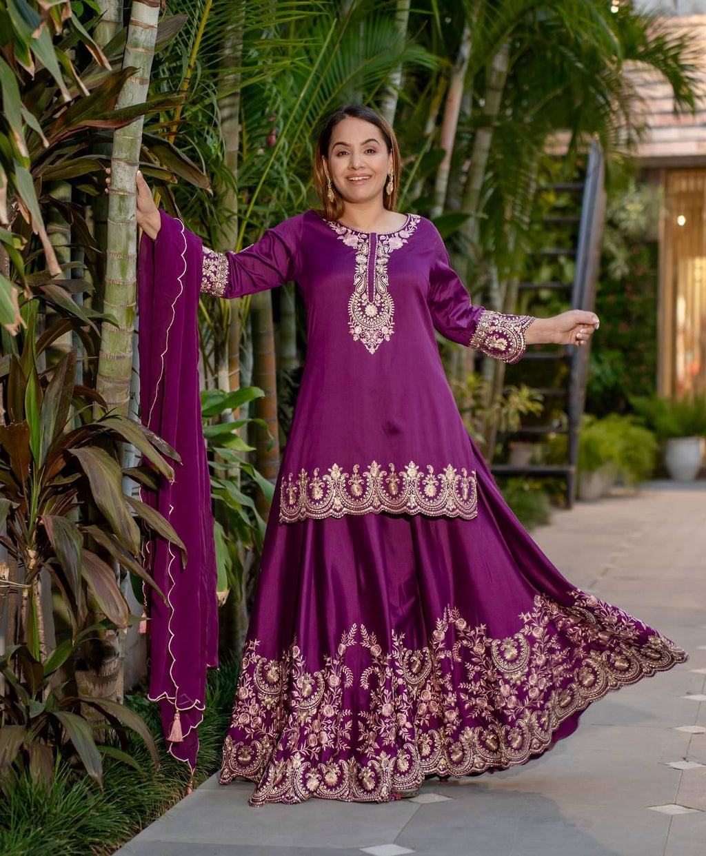 Prazu Fashion Purple French Crepe Thread Embroidered Palazzo Suit | Grocsy