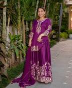 Prazu Fashion Purple French Crepe Thread Embroidered Palazzo Suit | Grocsy