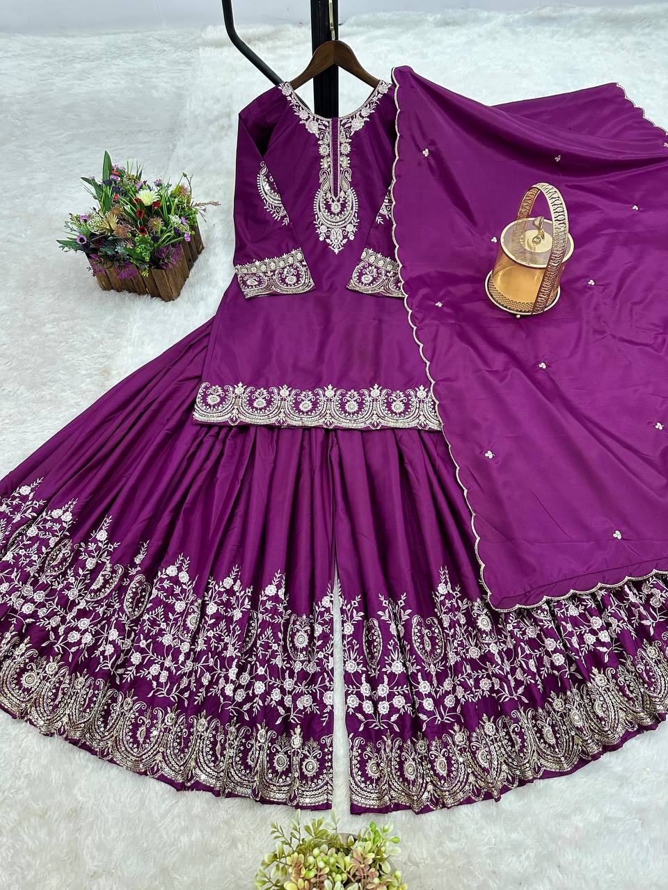 Prazu Fashion Purple French Crepe Thread Embroidered Palazzo Suit | Grocsy