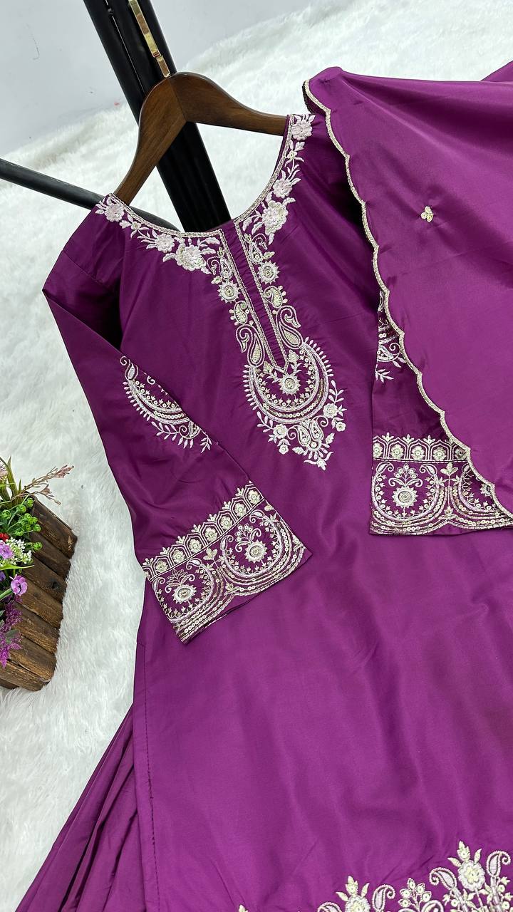 Prazu Fashion Purple French Crepe Thread Embroidered Palazzo Suit | Grocsy
