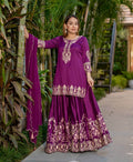 Prazu Fashion Purple French Crepe Thread Embroidered Palazzo Suit | Grocsy