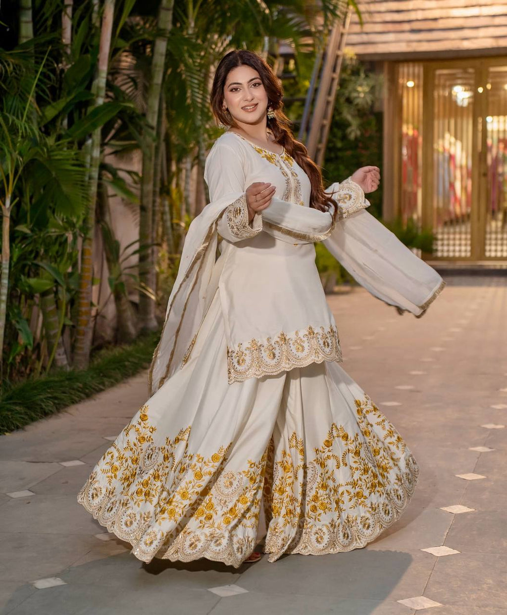 Prazu Fashion White French Crepe Thread Embroidered Palazzo Suit | Grocsy
