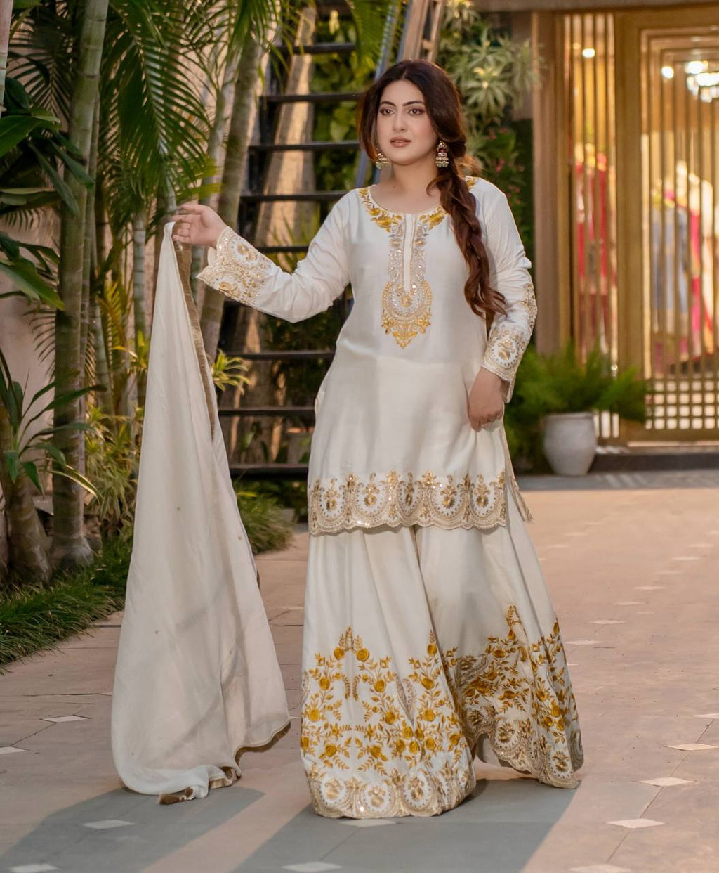 Prazu Fashion White French Crepe Thread Embroidered Palazzo Suit | Grocsy