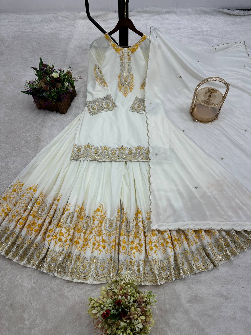 Prazu Fashion White French Crepe Thread Embroidered Palazzo Suit | Grocsy