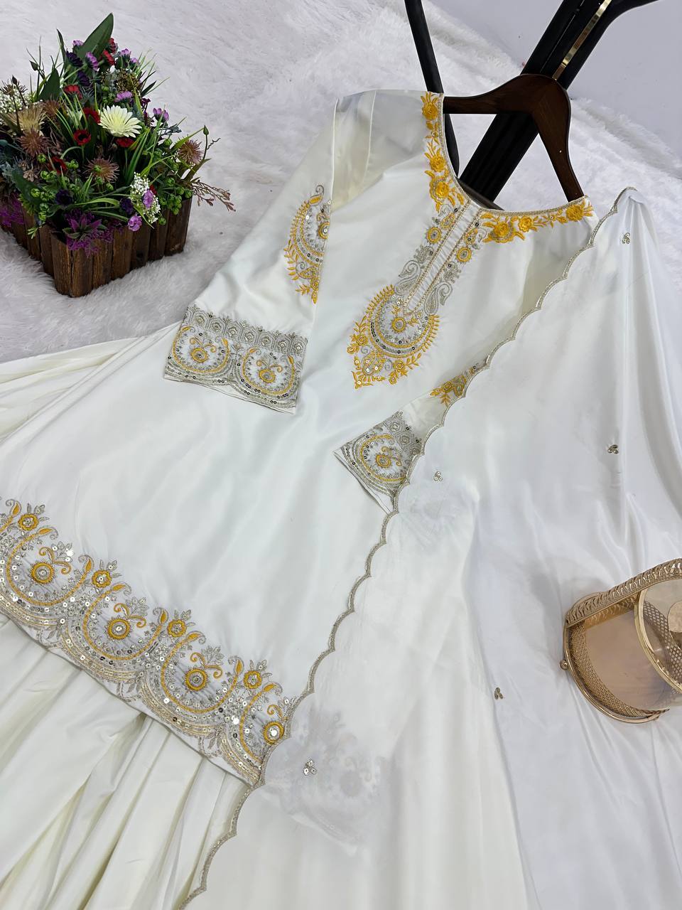 Prazu Fashion White French Crepe Thread Embroidered Palazzo Suit | Grocsy