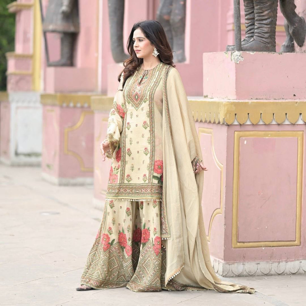 Prazu Fashion Cream Chinon Silk Digital Print Sharara Suit | Grocsy