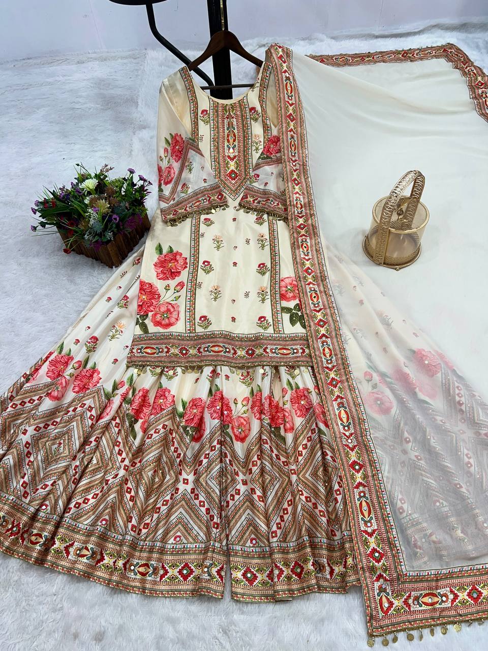Prazu Fashion Cream Chinon Silk Digital Print Sharara Suit | Grocsy