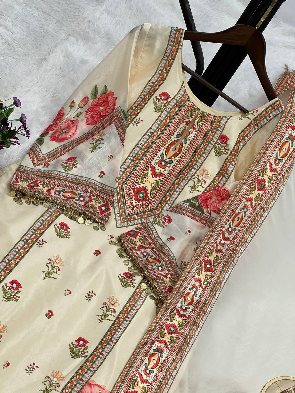 Prazu Fashion Cream Chinon Silk Digital Print Sharara Suit | Grocsy