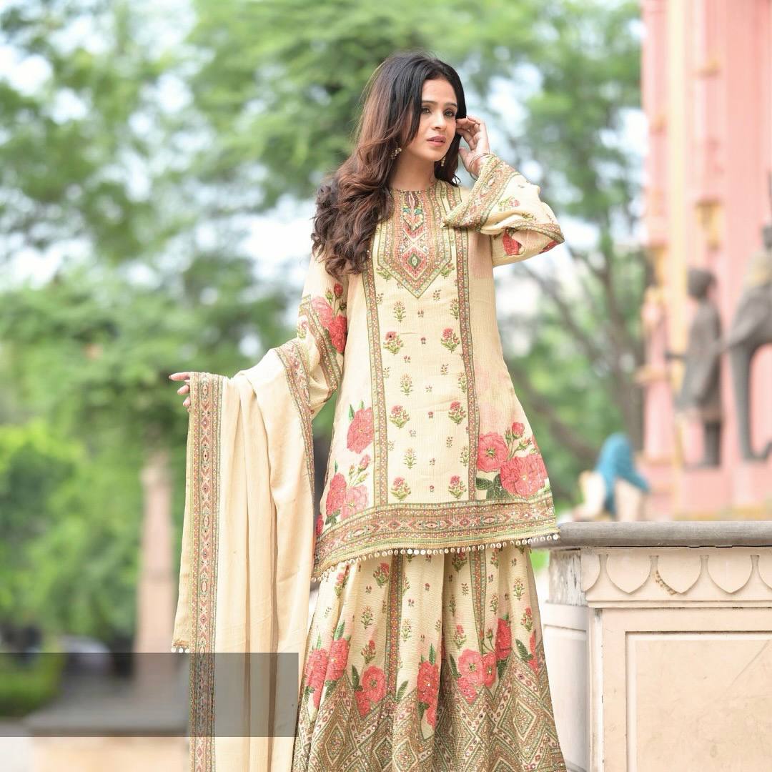 Prazu Fashion Cream Chinon Silk Digital Print Sharara Suit | Grocsy