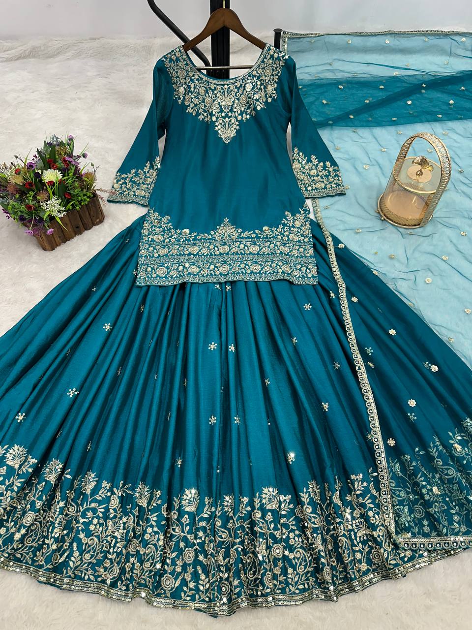 Prazu Fashion Rama Chinon Silk Embroidered Lehenga Style Suit | Grocsy