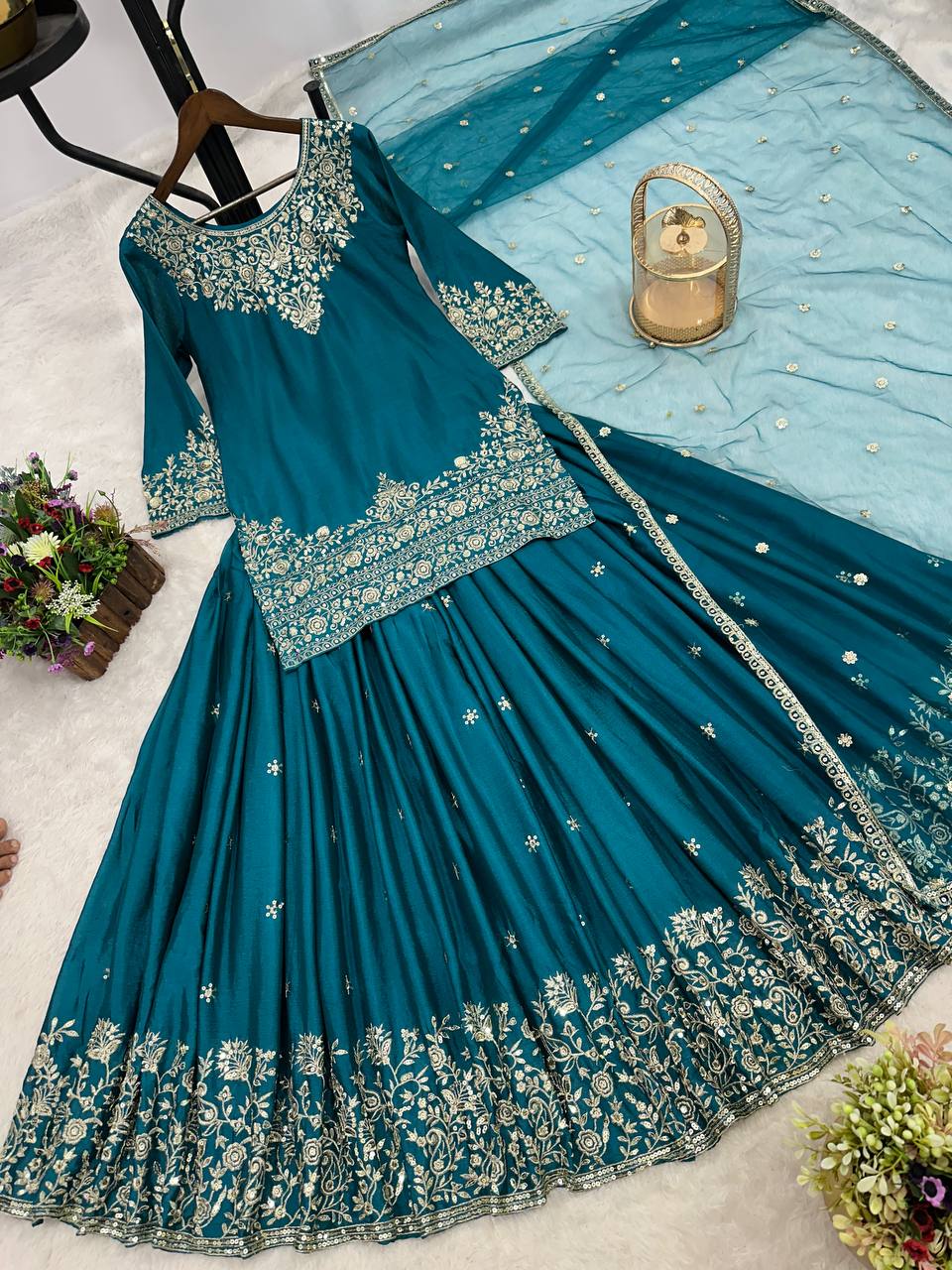 Prazu Fashion Rama Chinon Silk Embroidered Lehenga Style Suit | Grocsy