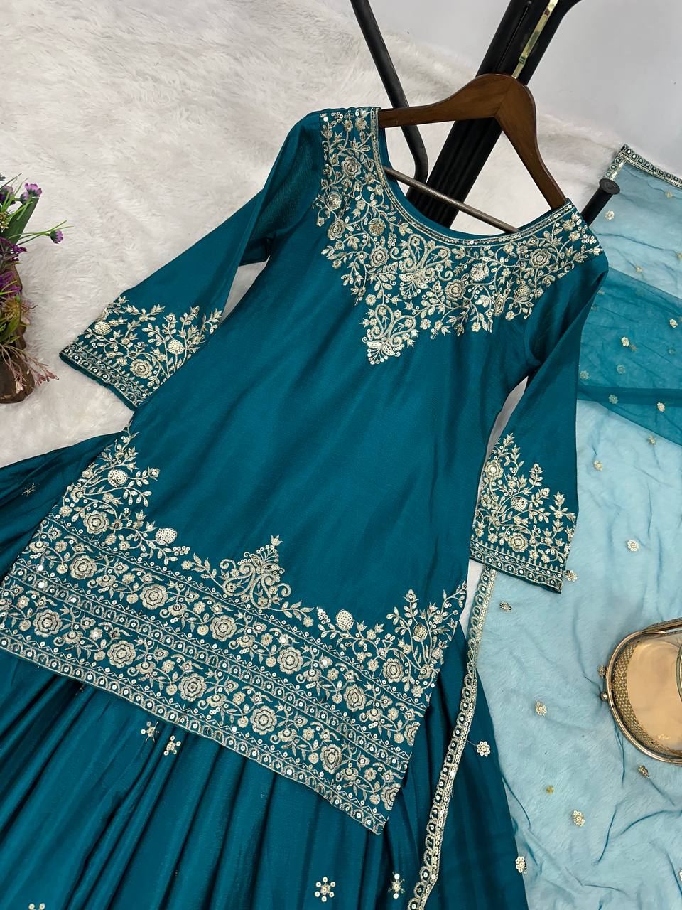 Prazu Fashion Rama Chinon Silk Embroidered Lehenga Style Suit | Grocsy