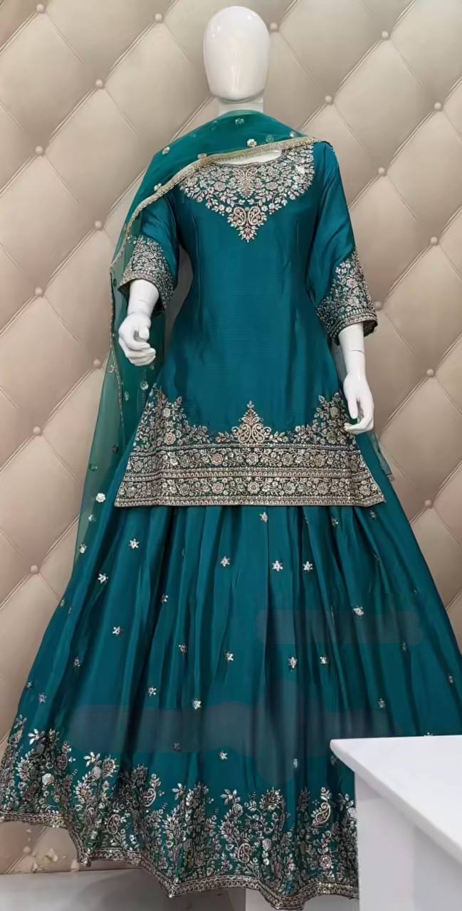 Prazu Fashion Rama Chinon Silk Embroidered Lehenga Style Suit | Grocsy