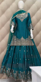 Prazu Fashion Rama Chinon Silk Embroidered Lehenga Style Suit | Grocsy