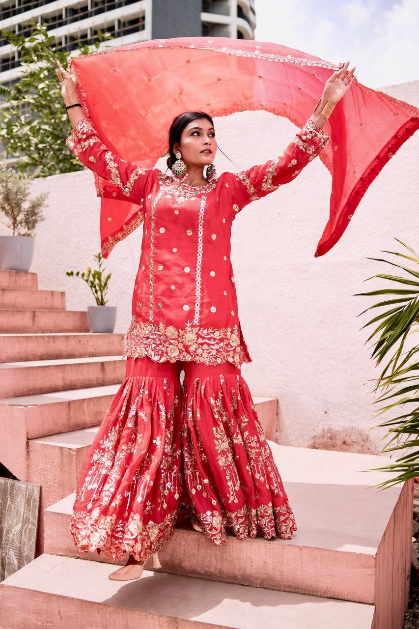Prazu Fashion Rama Chinon Silk Embroidered Sharara Style Suit | Grocsy