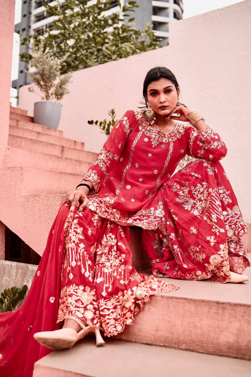 Prazu Fashion Rama Chinon Silk Embroidered Sharara Style Suit | Grocsy