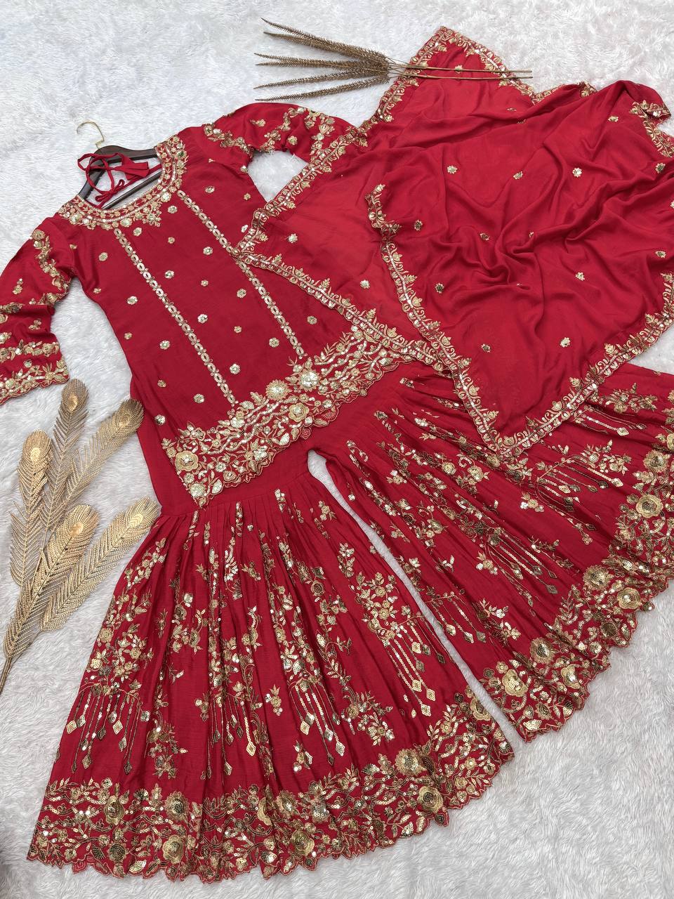 Prazu Fashion Rama Chinon Silk Embroidered Sharara Style Suit | Grocsy