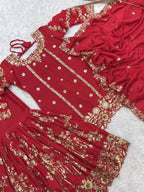 Prazu Fashion Rama Chinon Silk Embroidered Sharara Style Suit | Grocsy