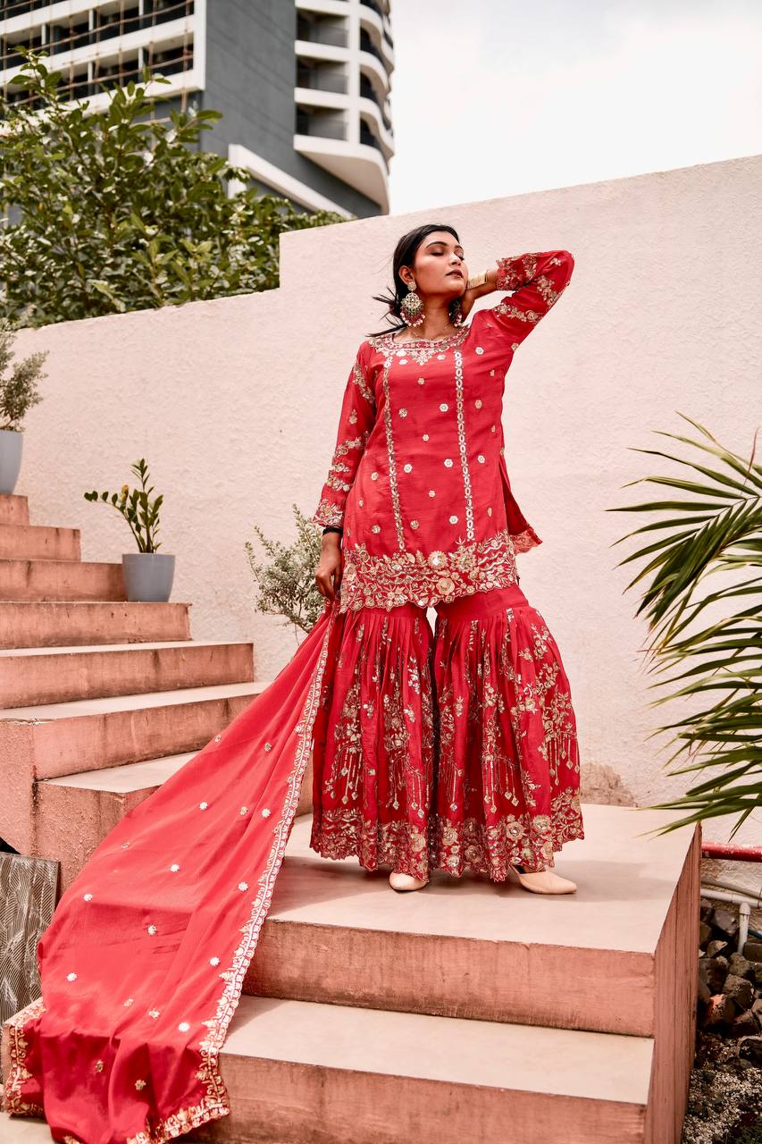 Prazu Fashion Rama Chinon Silk Embroidered Sharara Style Suit | Grocsy