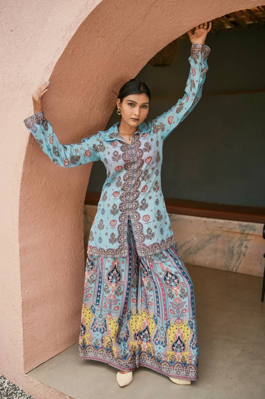 Prazu Fashion Sky Blue Chinon Silk Digital Printed Palazzo Suit | Grocsy