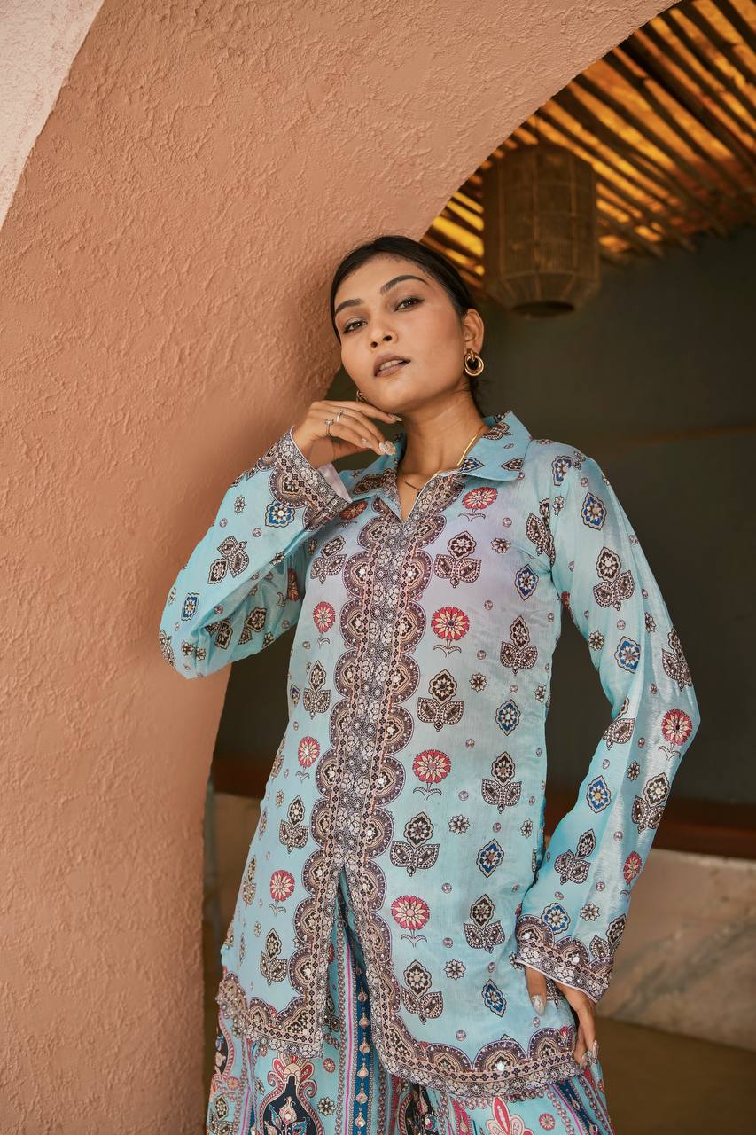 Prazu Fashion Sky Blue Chinon Silk Digital Printed Palazzo Suit | Grocsy