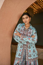 Prazu Fashion Sky Blue Chinon Silk Digital Printed Palazzo Suit | Grocsy