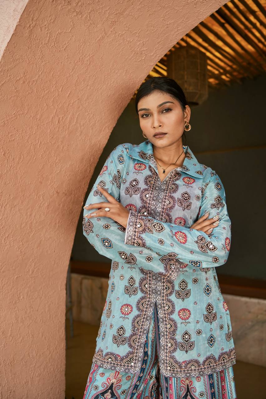 Prazu Fashion Sky Blue Chinon Silk Digital Printed Palazzo Suit | Grocsy
