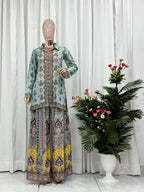 Prazu Fashion Sky Blue Chinon Silk Digital Printed Palazzo Suit | Grocsy