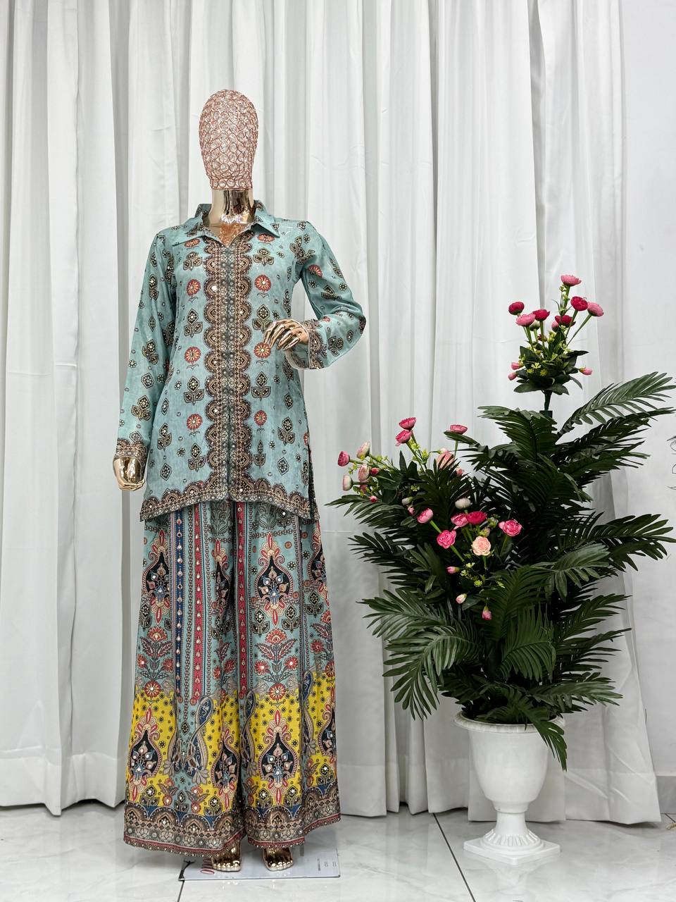 Prazu Fashion Sky Blue Chinon Silk Digital Printed Palazzo Suit | Grocsy