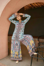 Prazu Fashion Sky Blue Chinon Silk Digital Printed Palazzo Suit | Grocsy