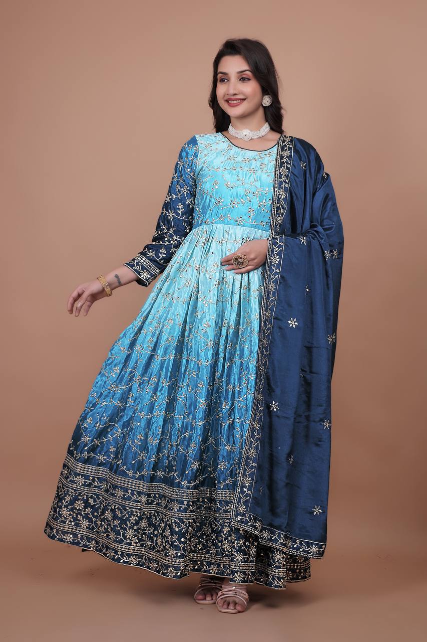 Prazu Fashion Sky Blue Chinon Silk Embroidered Anarkali Suit | Grocsy