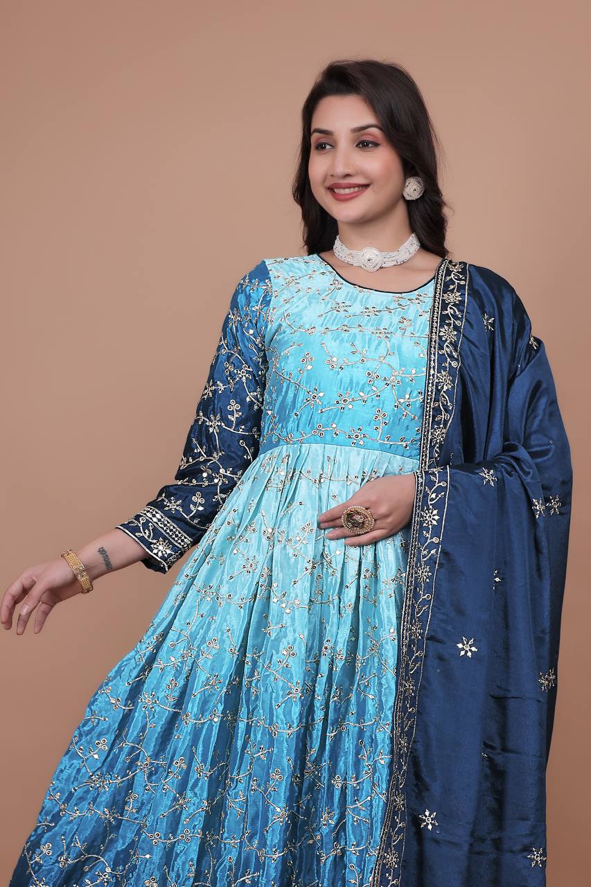 Prazu Fashion Sky Blue Chinon Silk Embroidered Anarkali Suit | Grocsy