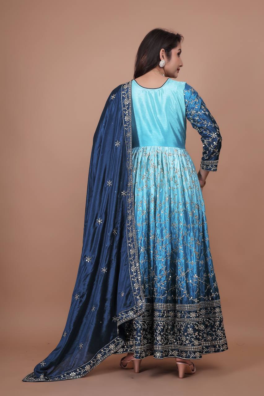 Prazu Fashion Sky Blue Chinon Silk Embroidered Anarkali Suit | Grocsy