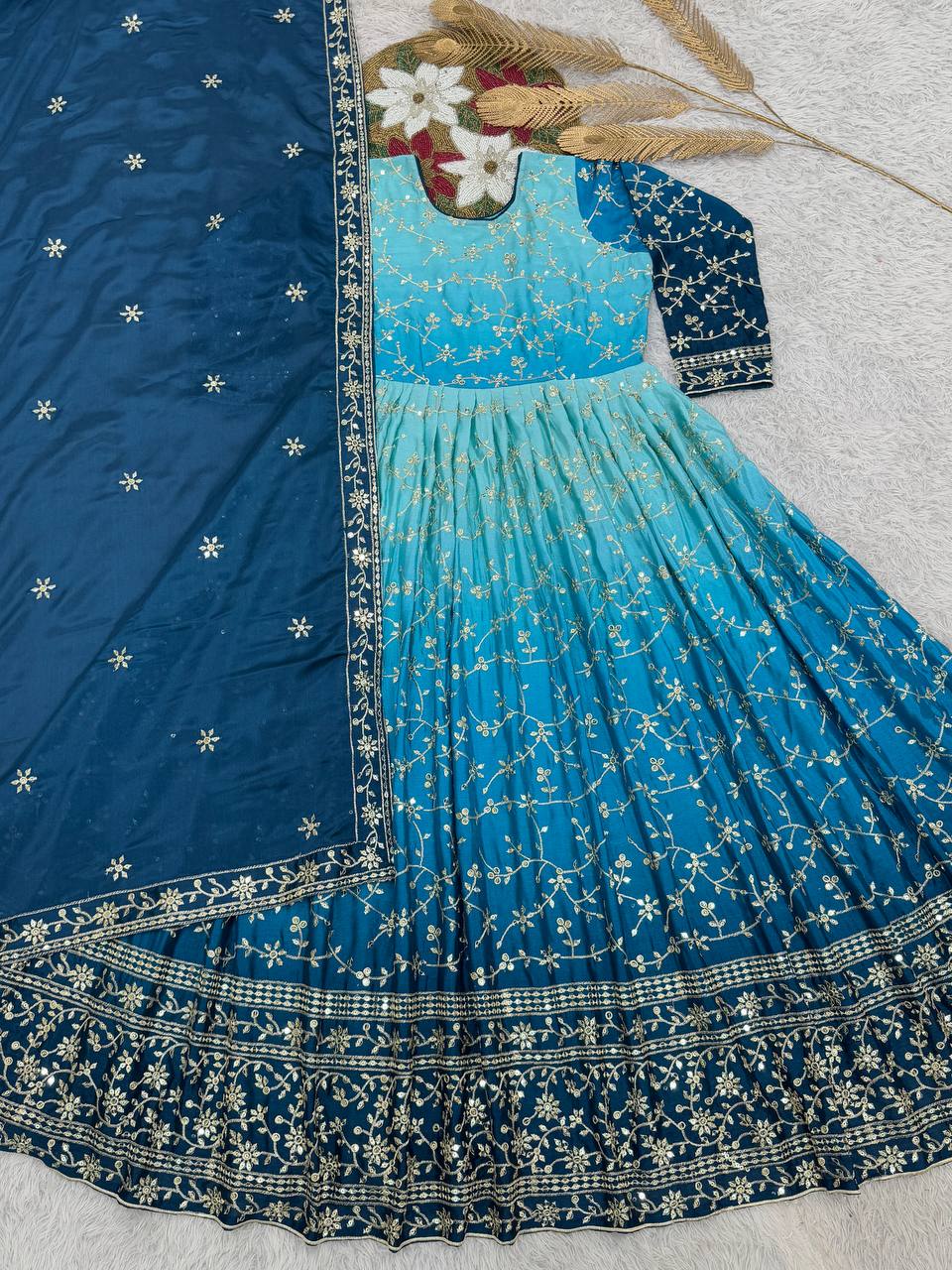Prazu Fashion Sky Blue Chinon Silk Embroidered Anarkali Suit | Grocsy