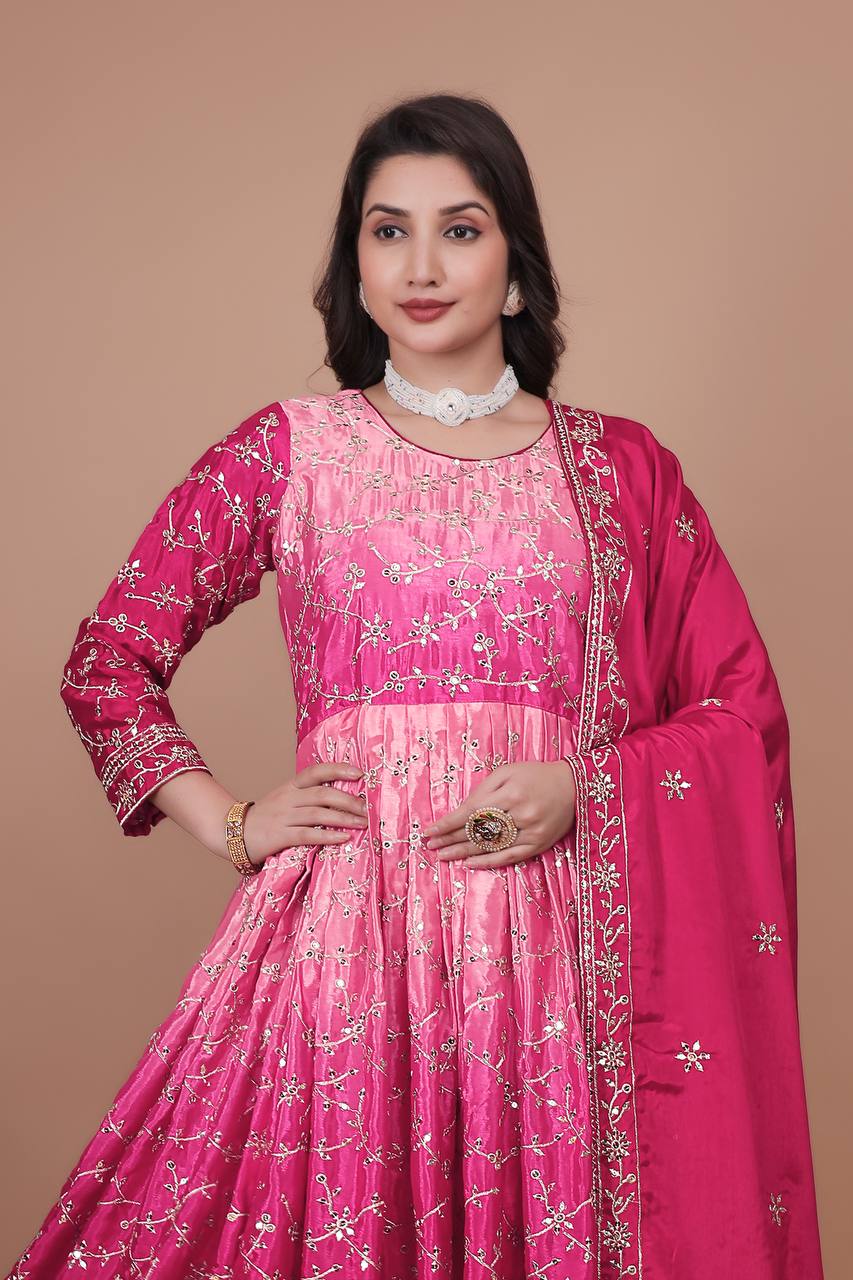 Prazu Fashion Pink Chinon Silk Embroidered Anarkali Suit | Grocsy