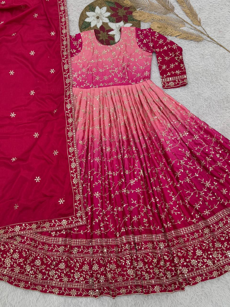 Prazu Fashion Pink Chinon Silk Embroidered Anarkali Suit | Grocsy