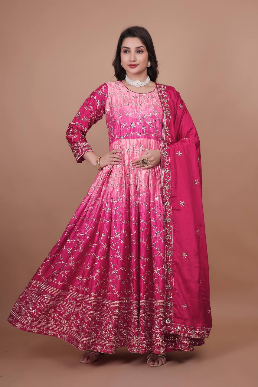 Prazu Fashion Pink Chinon Silk Embroidered Anarkali Suit | Grocsy