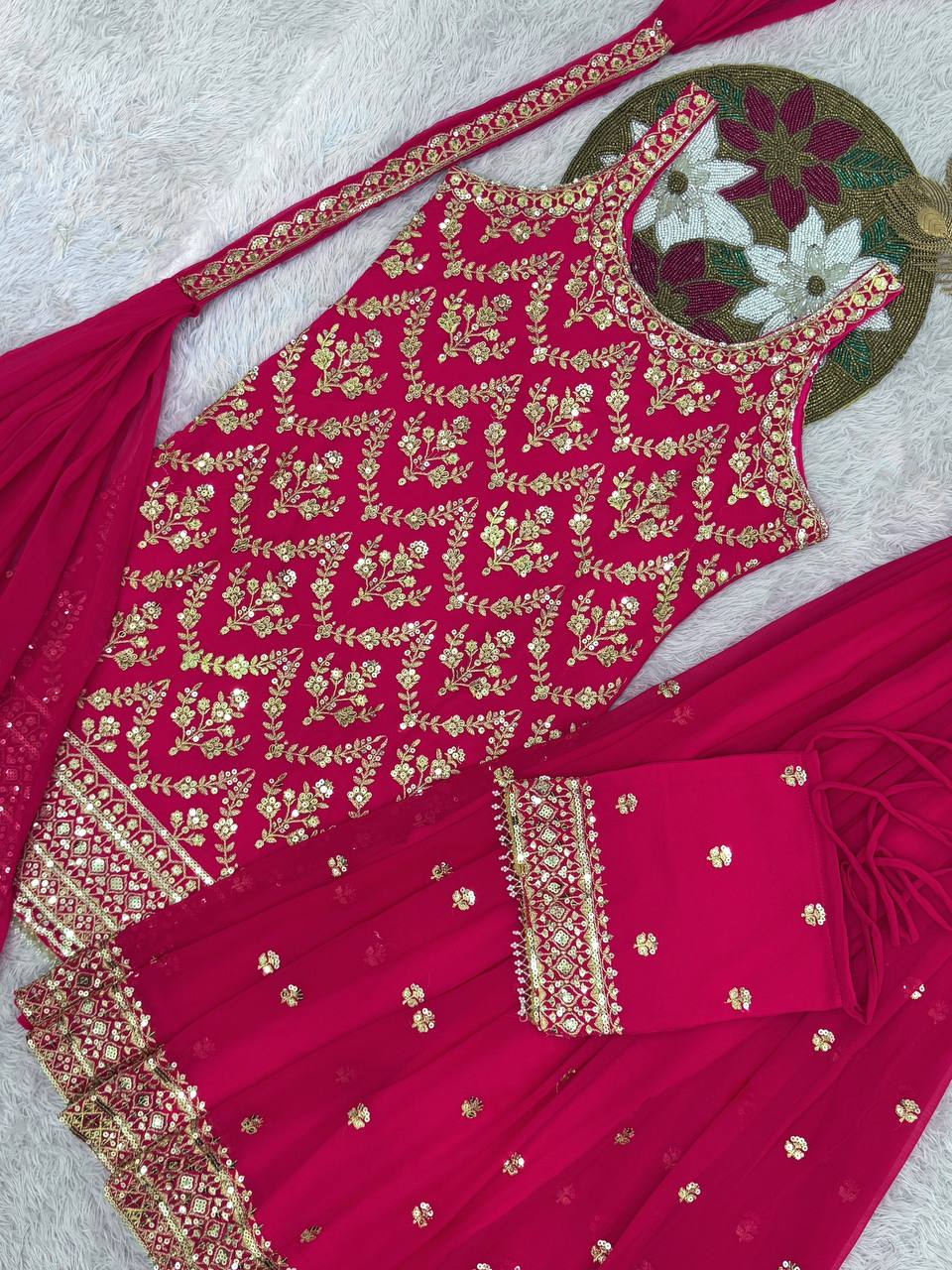 Prazu Fashion Pink Georgette Embroidered Sequin Palazzo Suit | Grocsy