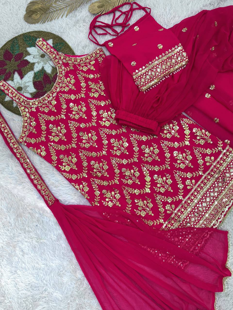 Prazu Fashion Pink Georgette Embroidered Sequin Palazzo Suit | Grocsy