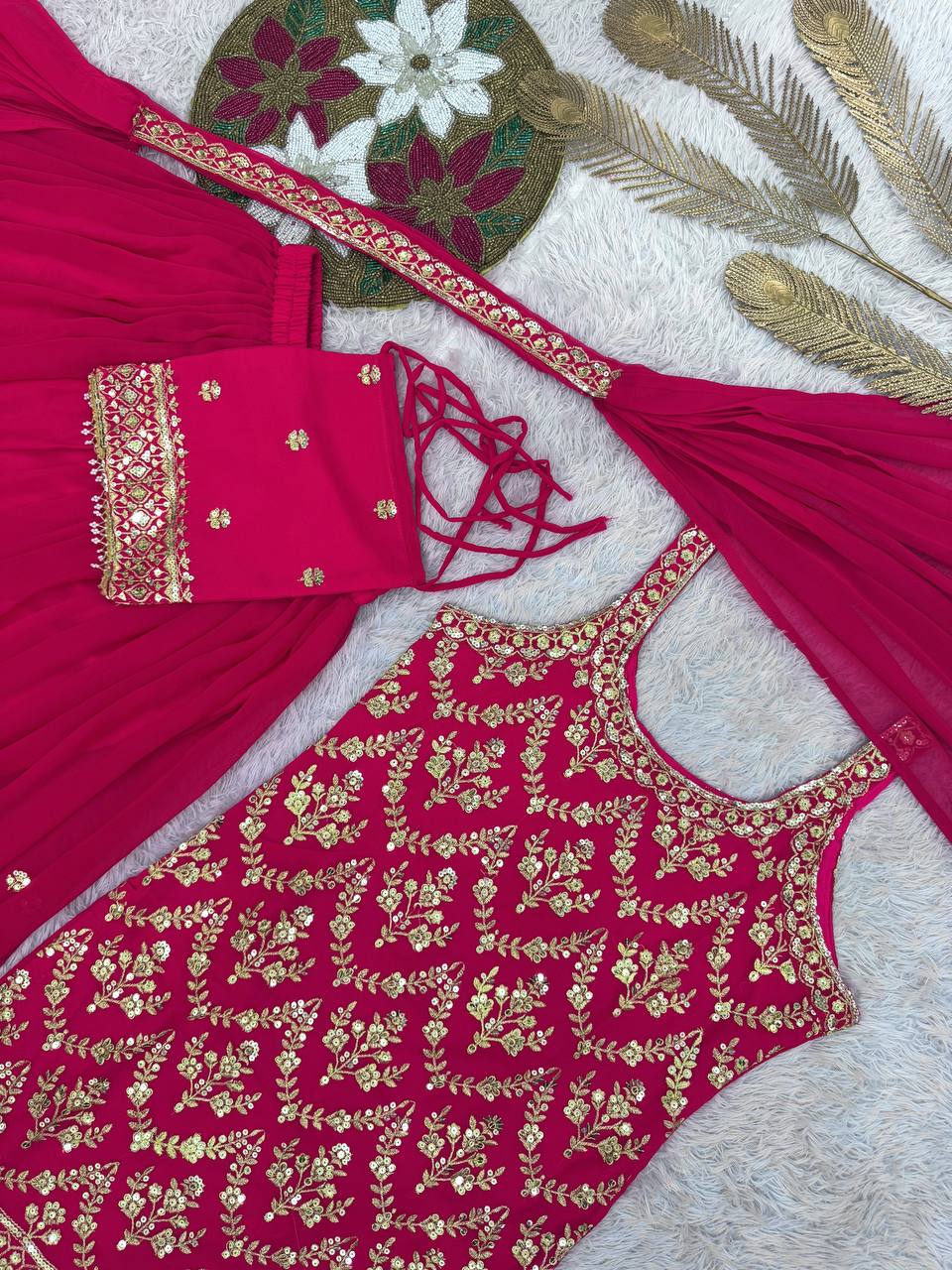 Prazu Fashion Pink Georgette Embroidered Sequin Palazzo Suit | Grocsy
