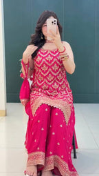 Prazu Fashion Pink Georgette Embroidered Sequin Palazzo Suit | Grocsy