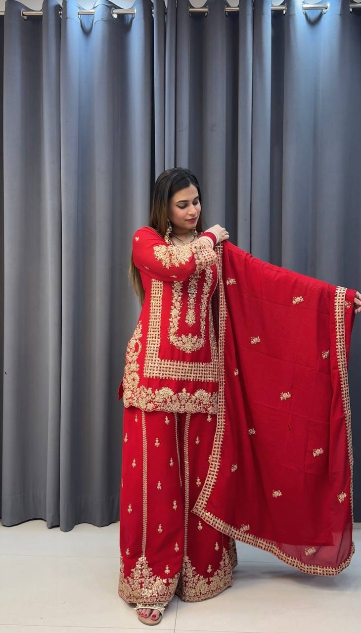 Prazu Fashion Red Georgette Embroidered Sequin Palazzo Suit | Grocsy