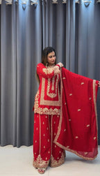 Prazu Fashion Red Georgette Embroidered Sequin Palazzo Suit | Grocsy
