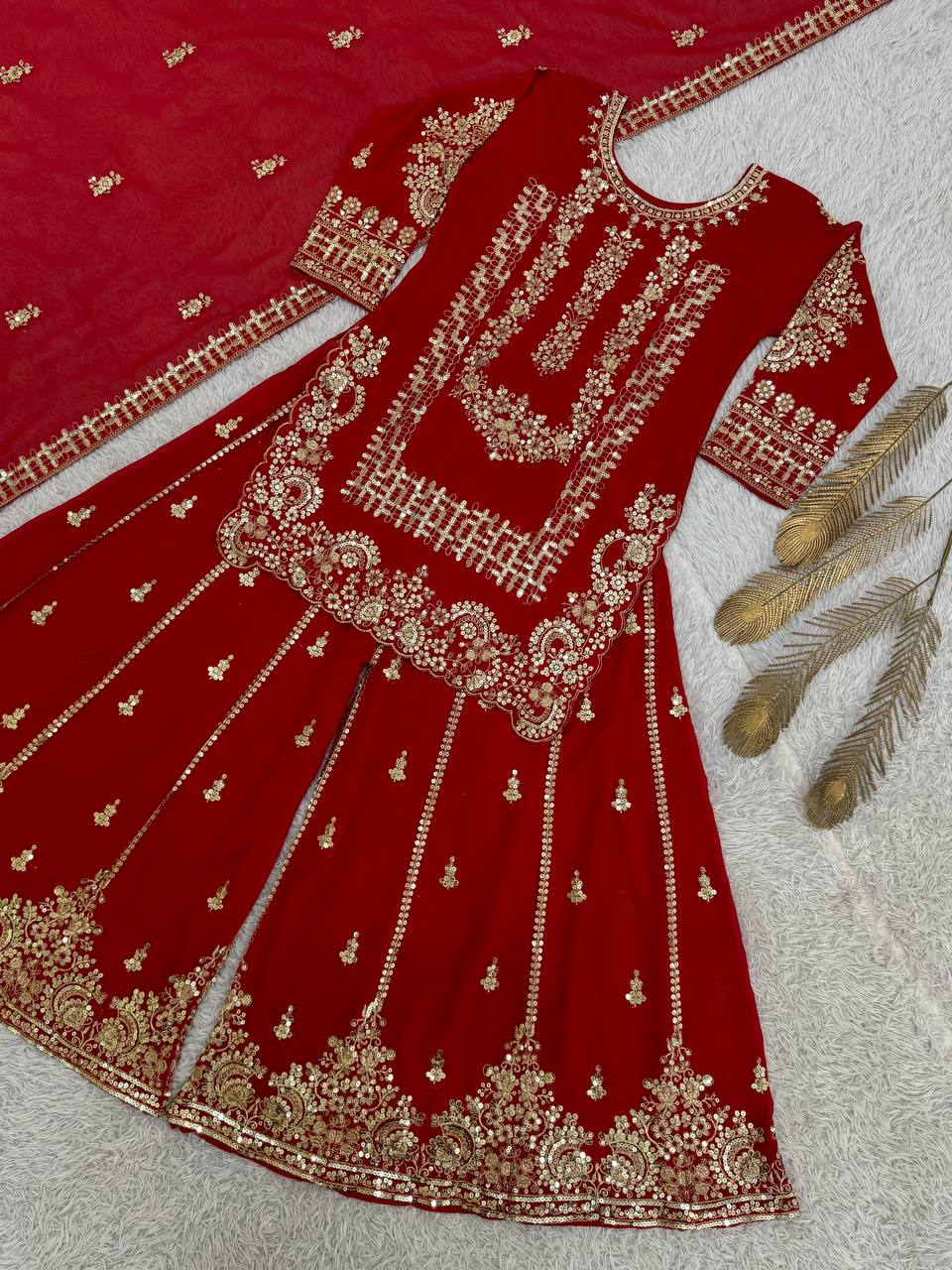 Prazu Fashion Red Georgette Embroidered Sequin Palazzo Suit | Grocsy