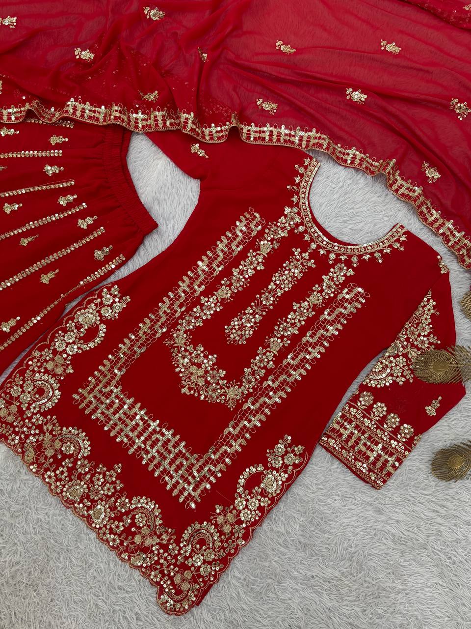 Prazu Fashion Red Georgette Embroidered Sequin Palazzo Suit | Grocsy