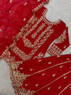 Prazu Fashion Red Georgette Embroidered Sequin Palazzo Suit | Grocsy